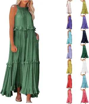 High Neck Dresses For Women Spring Ruffle Tiered Layered Pleated Sundress Sleeveless Beach Boho 2025 Maxi Dress