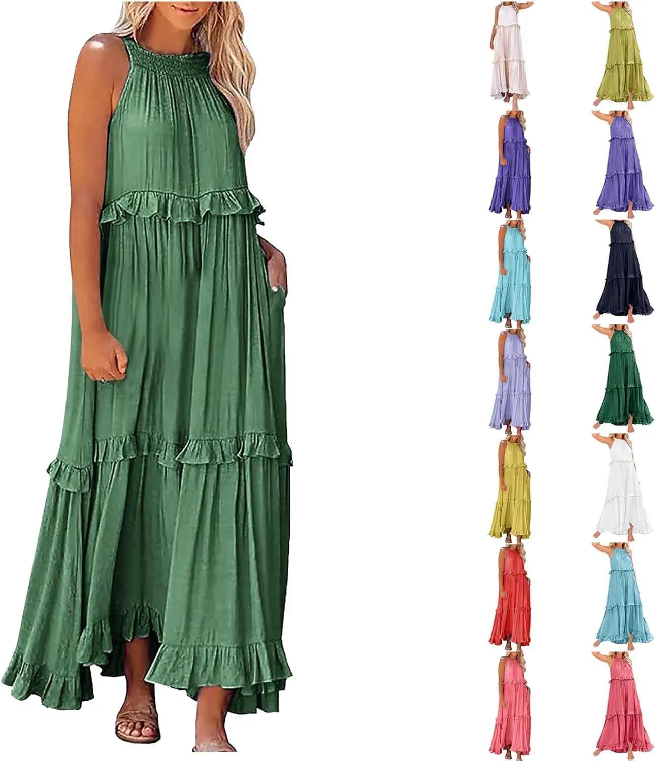 High Neck Dresses For Women Spring Ruffle Tiered Layered Pleated Sundress Sleeveless Beach Boho 2025 Maxi Dress