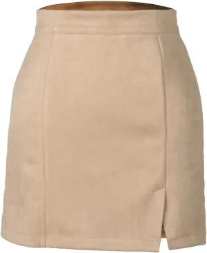 High Waisted Skirt for Women Faux Suede Side Split Mini Skirts Bodycon Solid Color Basic A-Line Pencil Short Skirt