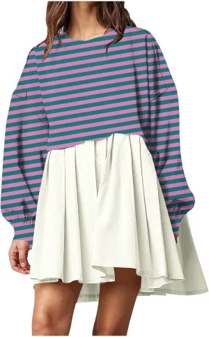 hlysgo Sweatshirt Dress Women Patchwork Long Sleeve Crewneck Pullover Dresses 2024 Fall Flowy Striped Sweatshirts Mini Dress