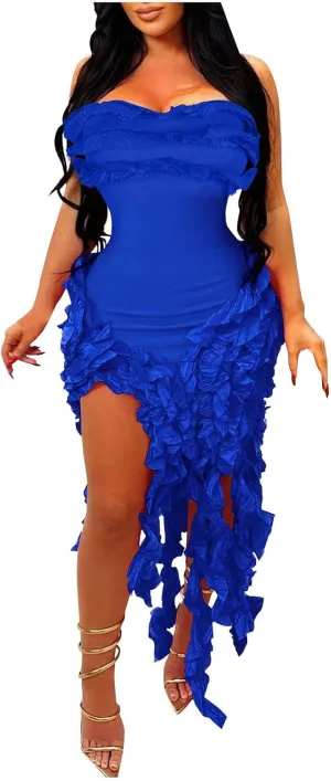 hlysgo Womens Ruffle Fringe Mini Dress Sexy Off Shoulder Cocktail Party Club Bodycon Tassel Dresses Sexy Y2k Dress
