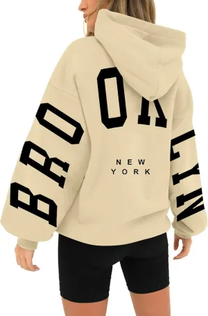 Hoodie Women Long Sleeve Sweatshirts New York U.S.A. Printed Hoodie Pocket Drop Shoulder Pullovers Top