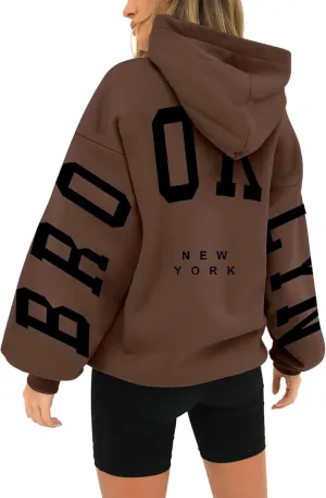 Hoodie Women Long Sleeve Sweatshirts New York U.S.A. Printed Hoodie Pocket Drop Shoulder Pullovers Top