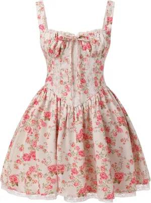 IBTOM CASTLE Corset Mini Dress for Women: Ladeis Boho Summer Floral Dress Sleeveless Spaghetti Straps Backless Dress Lace Up Sundress Cottagecore Ruffle Short Beach Bustier Dresses Pink Floral S