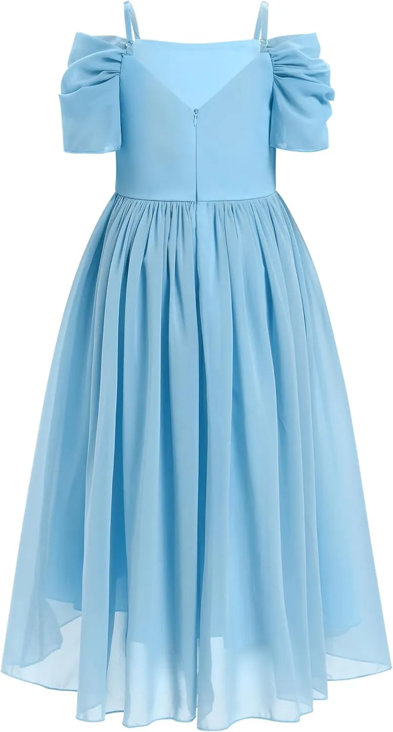 IBTOM CASTLE Girls Junior Bridesmaid Flower Girl Dress Cold Shoulder High-Low Chiffon Flowy Party Dress Pageant Prom Gown