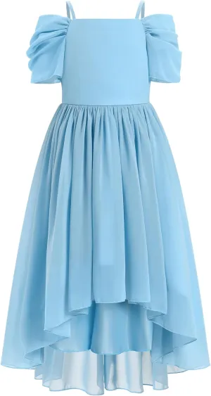 IBTOM CASTLE Girls Junior Bridesmaid Flower Girl Dress Cold Shoulder High-Low Chiffon Flowy Party Dress Pageant Prom Gown