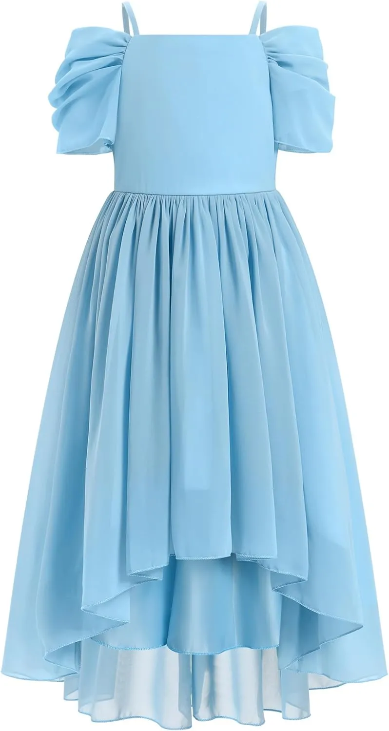 IBTOM CASTLE Girls Junior Bridesmaid Flower Girl Dress Cold Shoulder High-Low Chiffon Flowy Party Dress Pageant Prom Gown