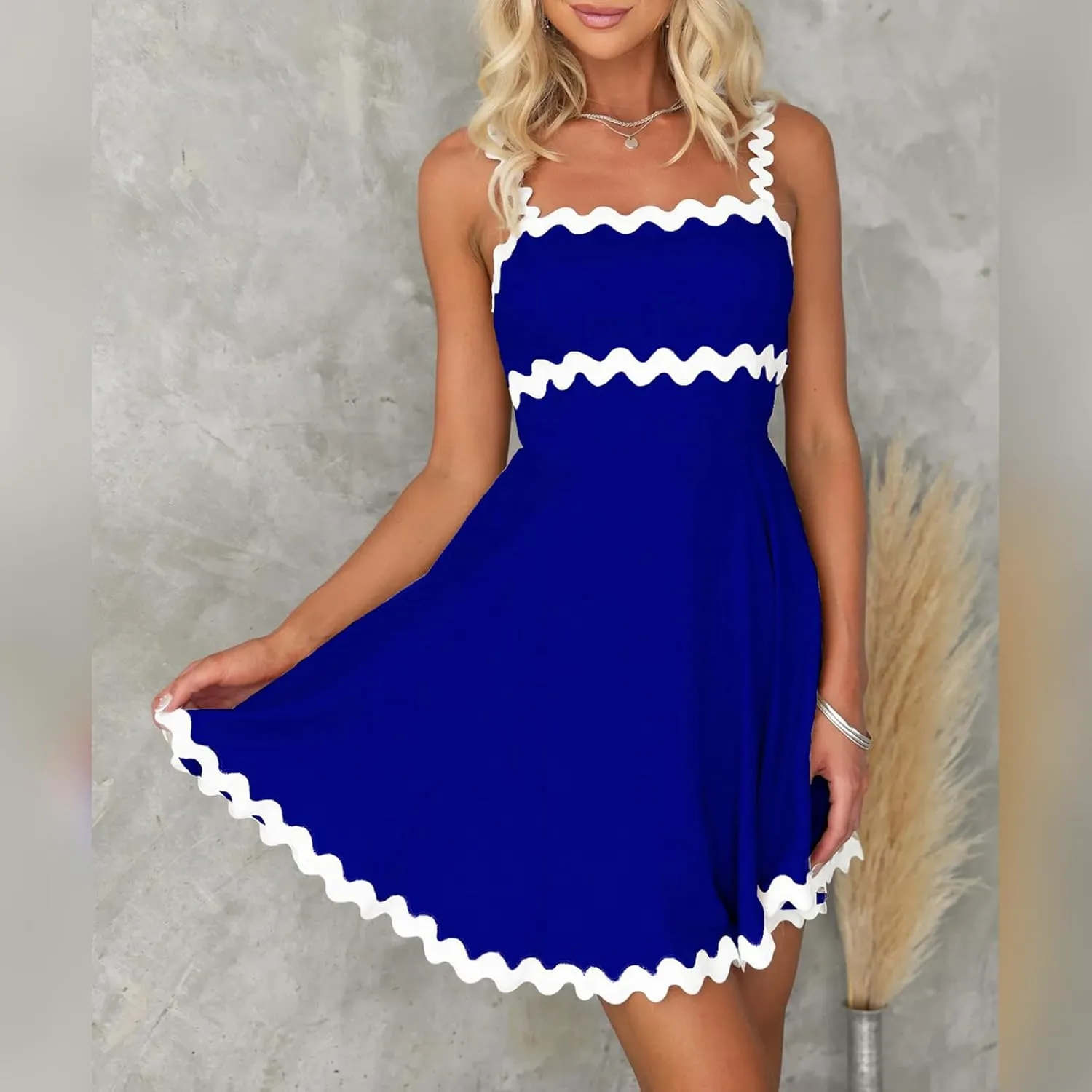 IDOPIP Women Summer Boho Mini Dress Smocked Empire Waist Rickrack Trim Flowy Sundress Spaghetti Straps A-Line Swing Dress