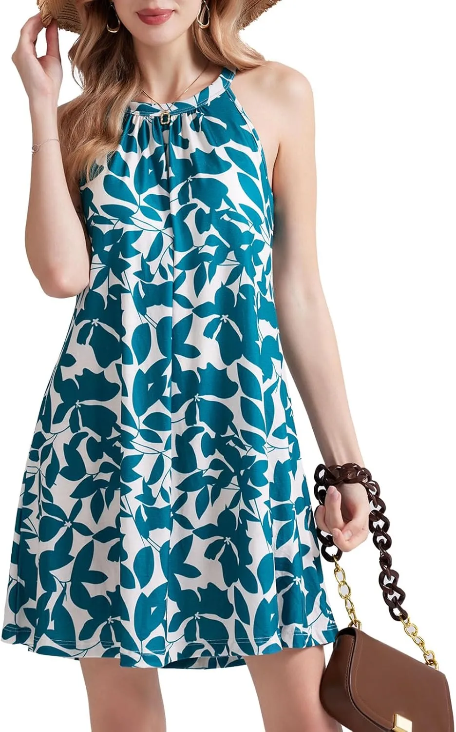 JOYSHAPER Built in Bra Summer Dress Casual Beach Sundress Flowy Halter Dress