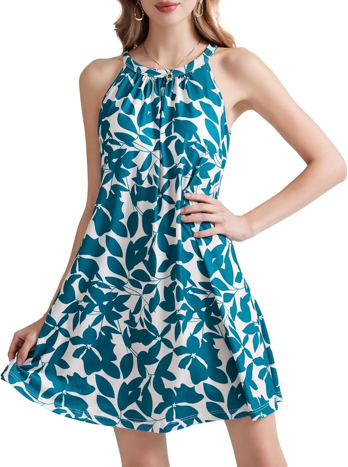 JOYSHAPER Built in Bra Summer Dress Casual Beach Sundress Flowy Halter Dress