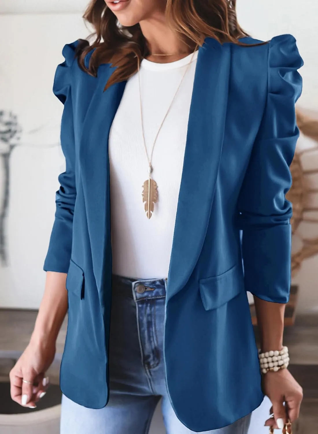 KIRUNDO Women's 2025 Spring Fall Casual Blazers Puff Sleeve Lapel Open Front Work Suit Office Blazer Jackets with Pockets