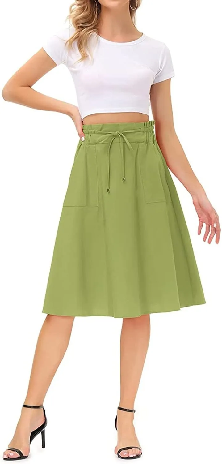 Knee Length Skirts for Women Summer Casual Flowy Drawstring Elastic Waist Pleated A-Line Midi Skirt with Pockets