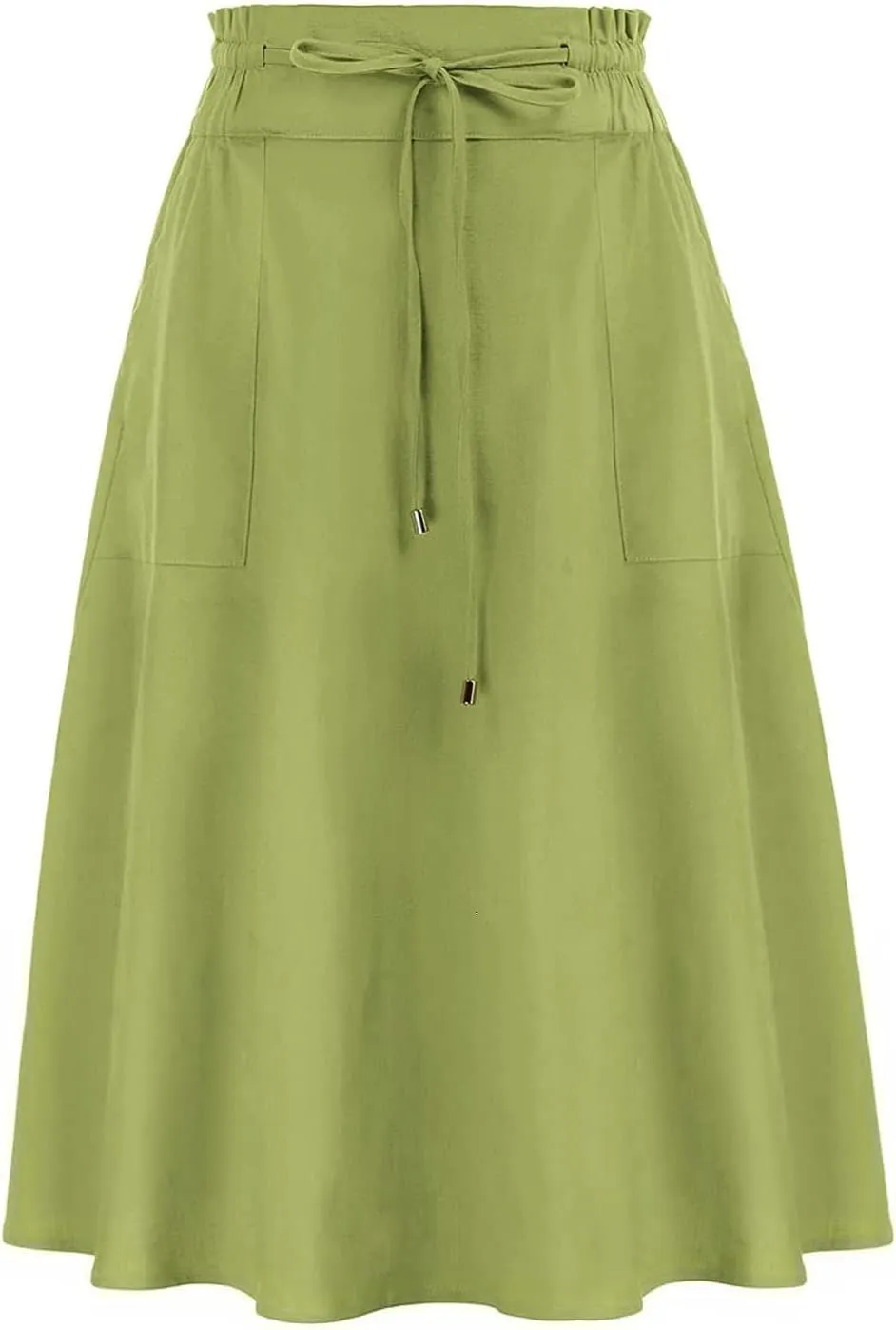 Knee Length Skirts for Women Summer Casual Flowy Drawstring Elastic Waist Pleated A-Line Midi Skirt with Pockets
