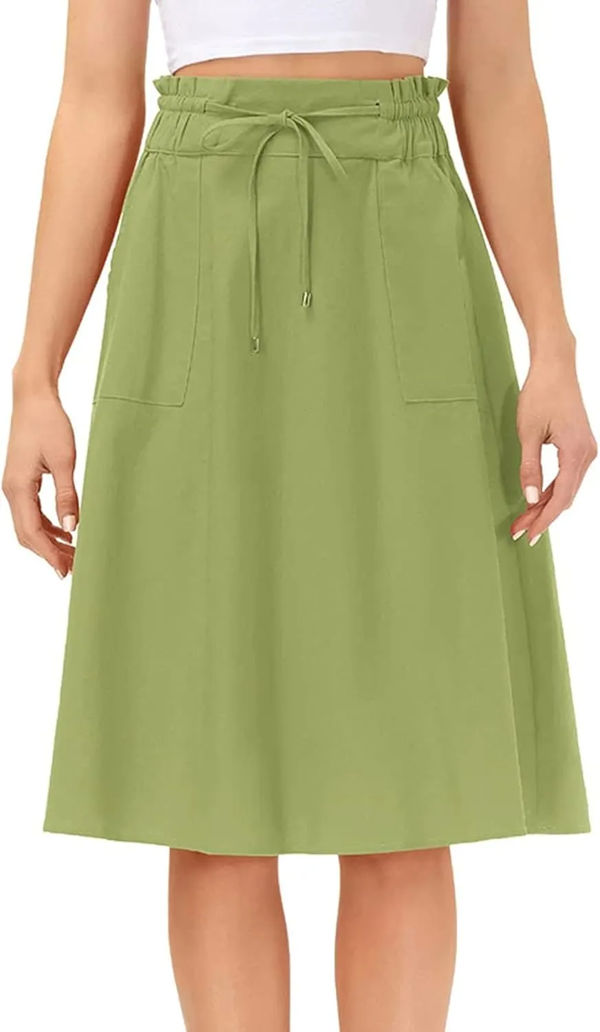 Knee Length Skirts for Women Summer Casual Flowy Drawstring Elastic Waist Pleated A-Line Midi Skirt with Pockets