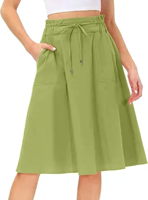 Knee Length Skirts for Women Summer Casual Flowy Drawstring Elastic Waist Pleated A-Line Midi Skirt with Pockets