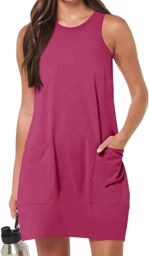Kubbon Sundress for Women Casual Crewneck Sleeveless Midi Dress Loose Solid Color Tank Dresses with Pocket Vacation Outfits