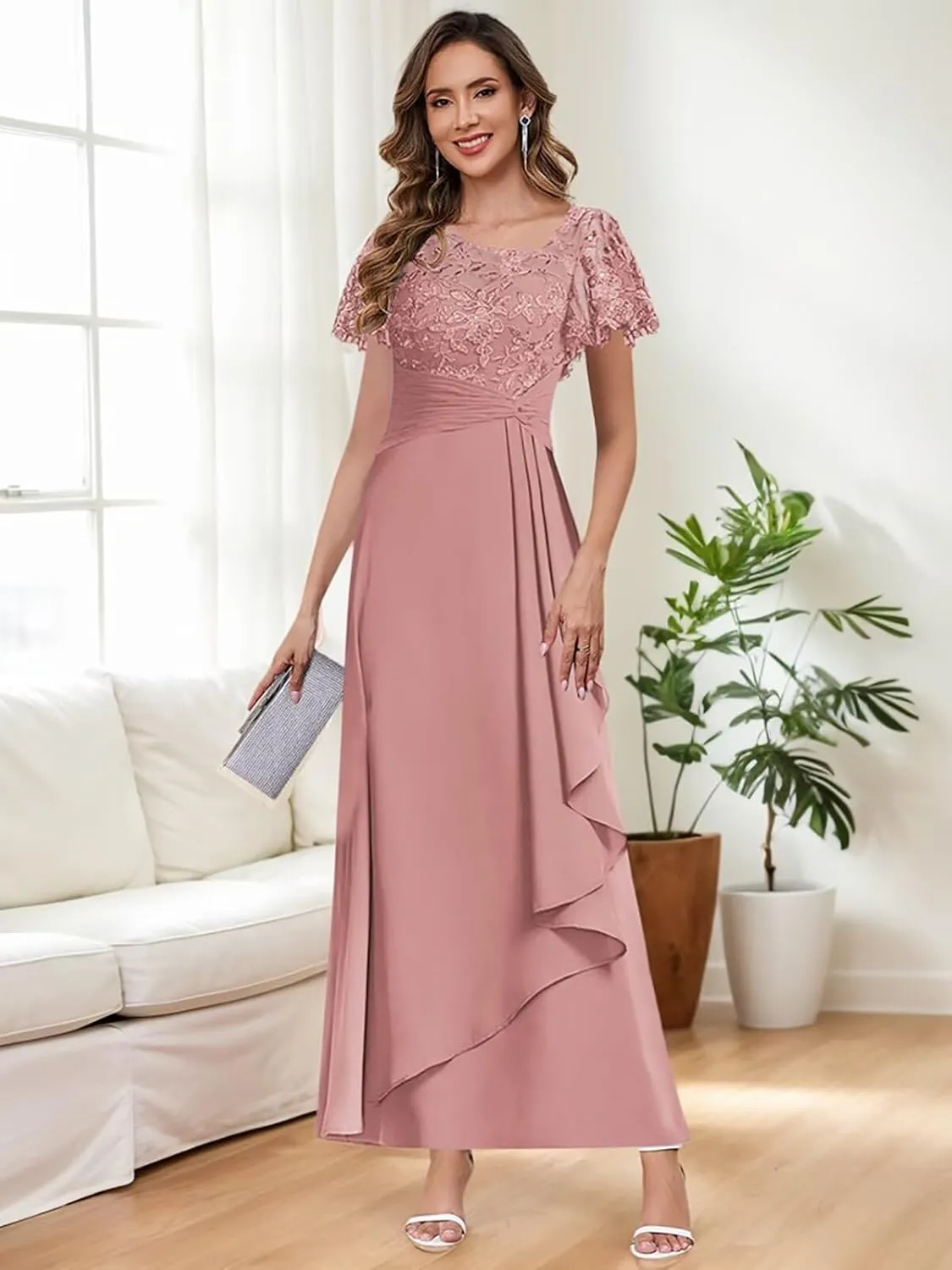 Lace Appliques Mother of The Bride Dresses for Women 2025 Chiffon Ruffle Sleeves Wedding Guest Dress