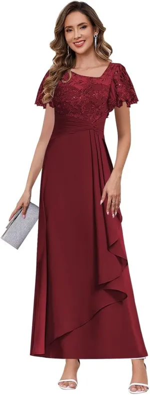 Lace Appliques Mother of The Bride Dresses for Women 2025 Chiffon Ruffle Sleeves Wedding Guest Dress
