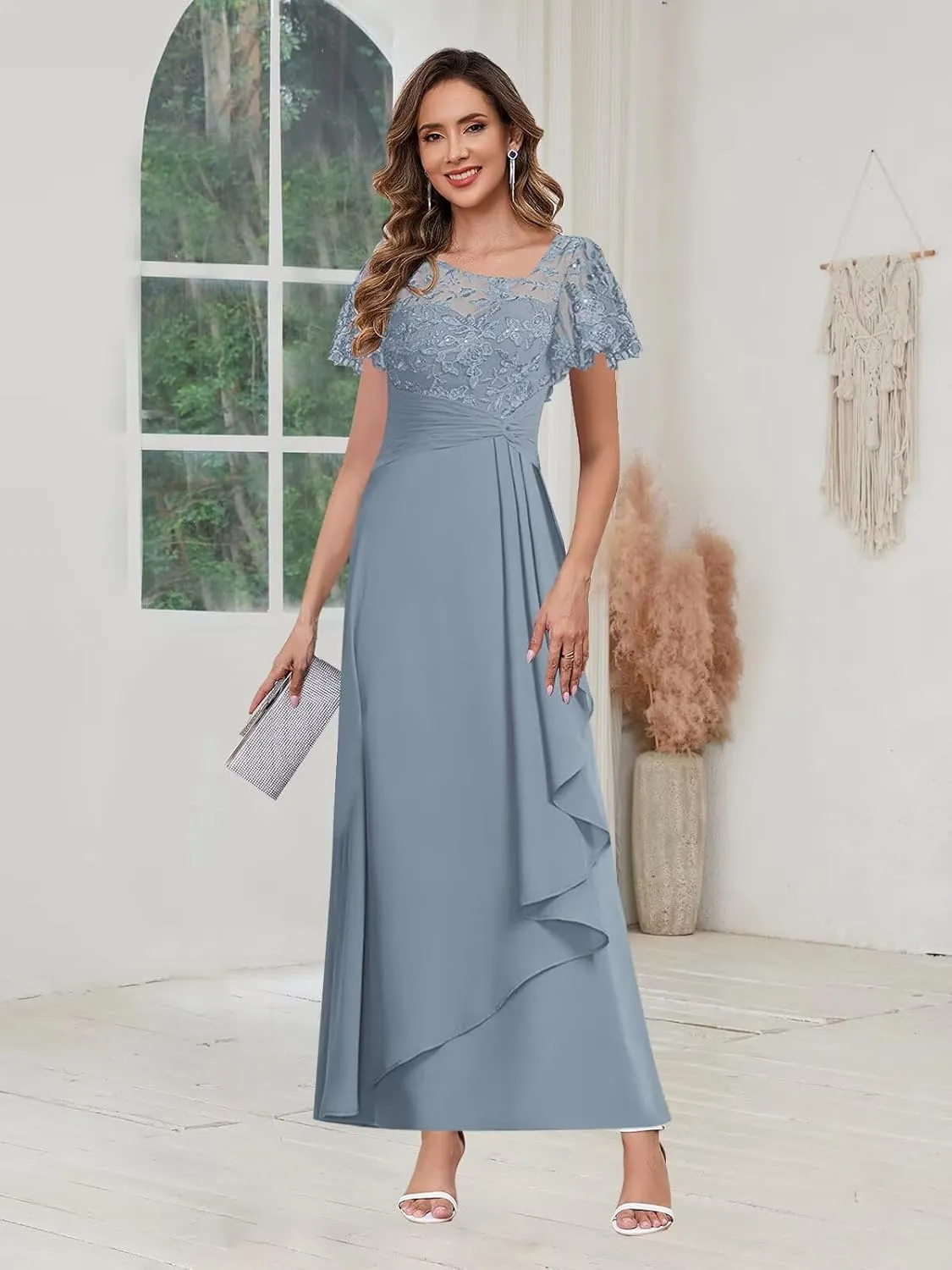 Lace Appliques Mother of The Bride Dresses for Women 2025 Chiffon Ruffle Sleeves Wedding Guest Dress