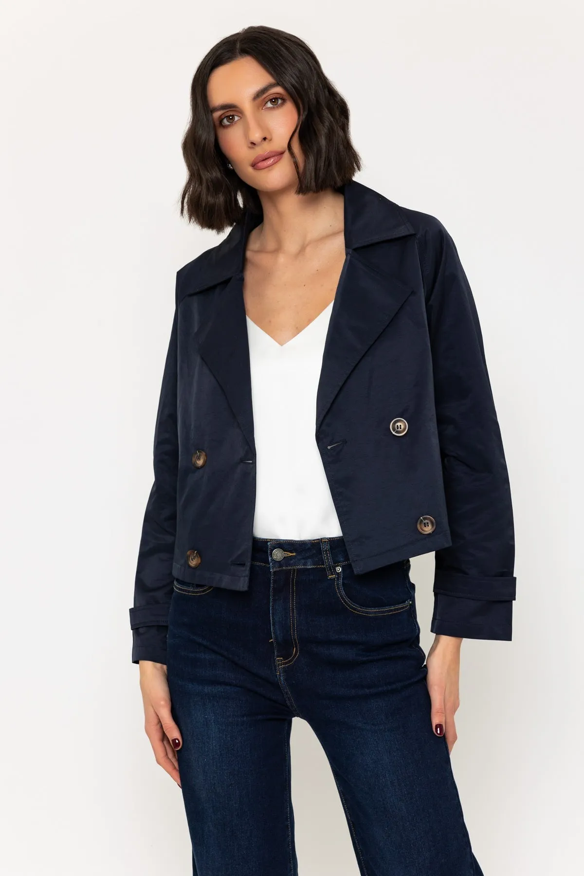 Lightweight Cropped Trench Coat in Navy