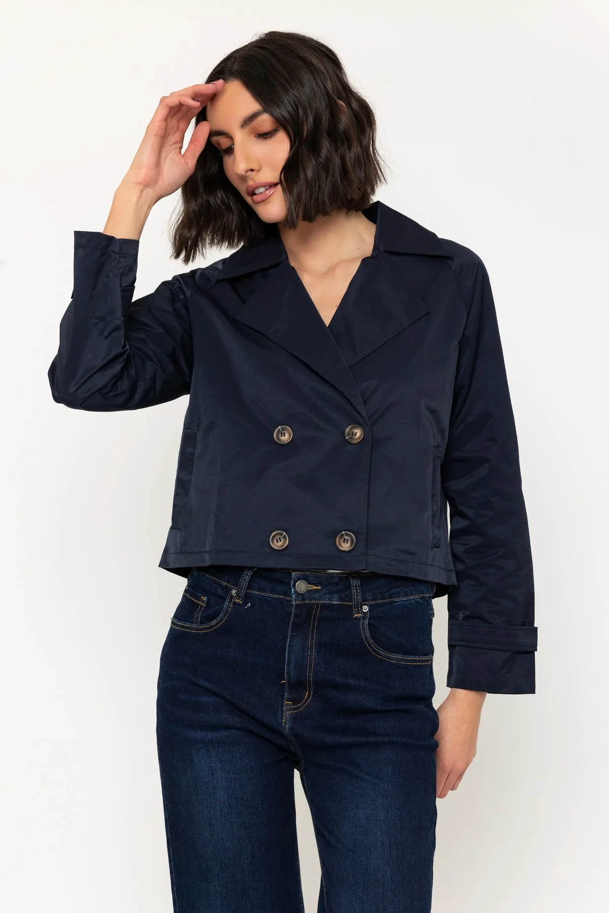 Lightweight Cropped Trench Coat in Navy