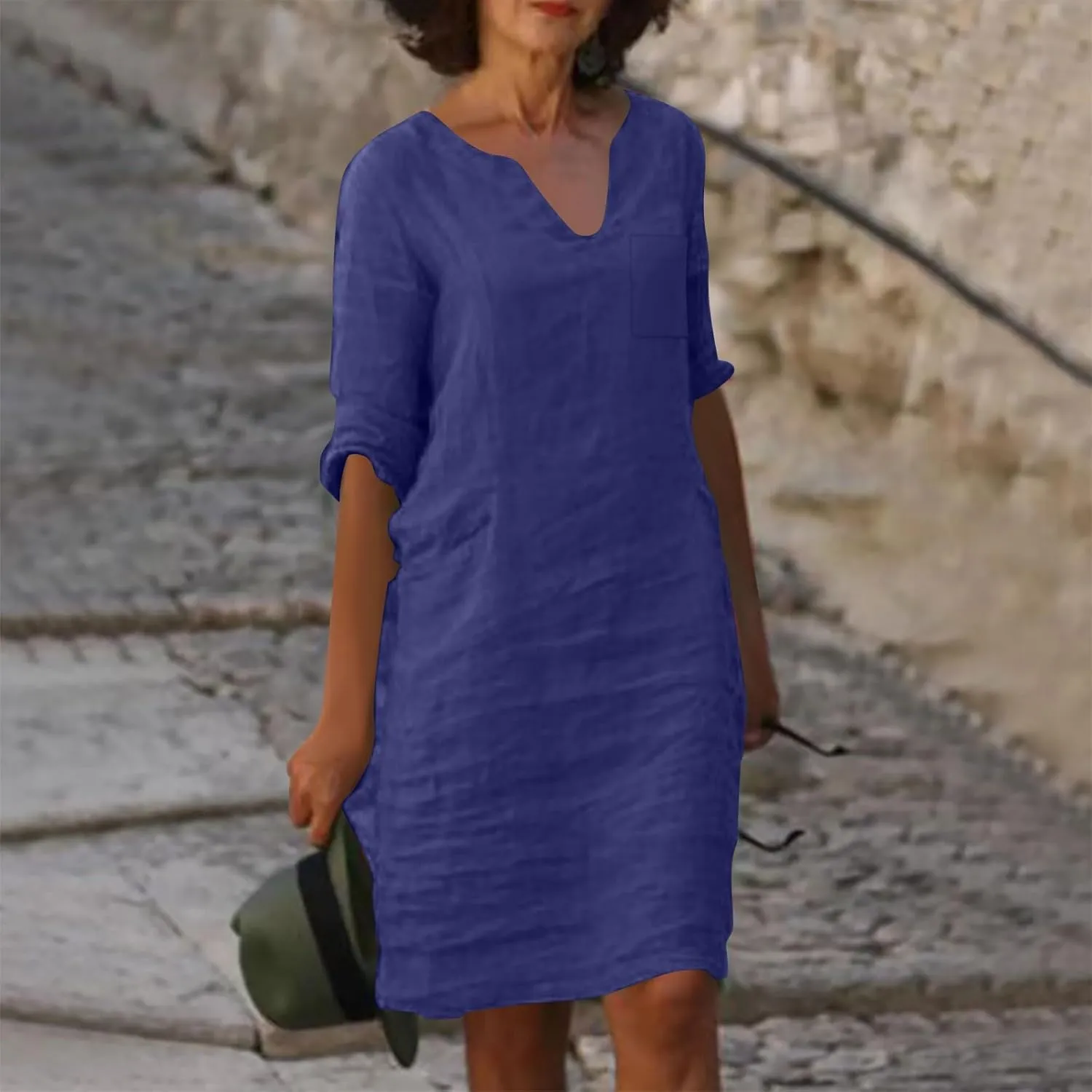 Linen Dress Women 2024,Summer Casual 3/4 Sleeve Tshirt Dress A Line Knee Length Midi Dress Beach Vacation Sun Dresses