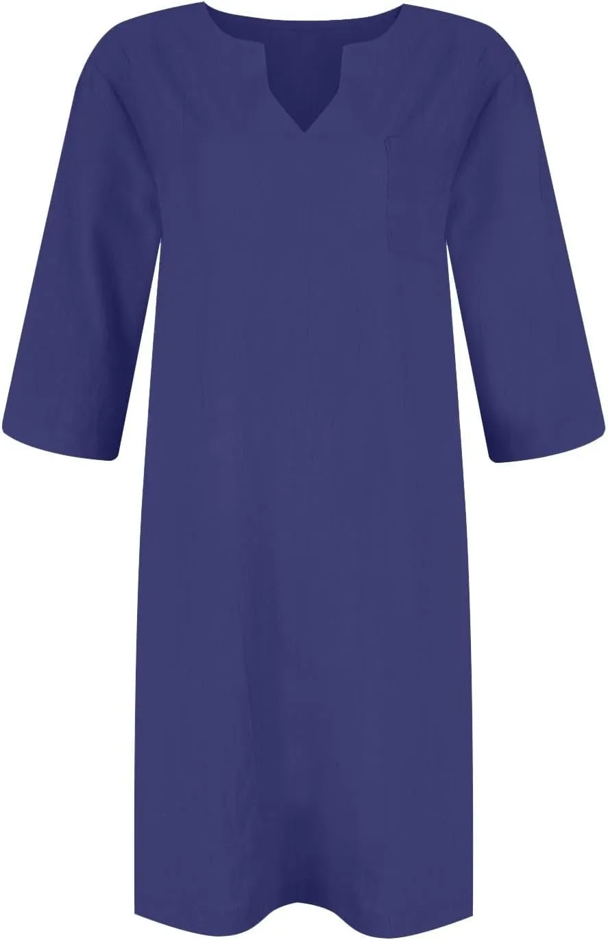 Linen Dress Women 2024,Summer Casual 3/4 Sleeve Tshirt Dress A Line Knee Length Midi Dress Beach Vacation Sun Dresses