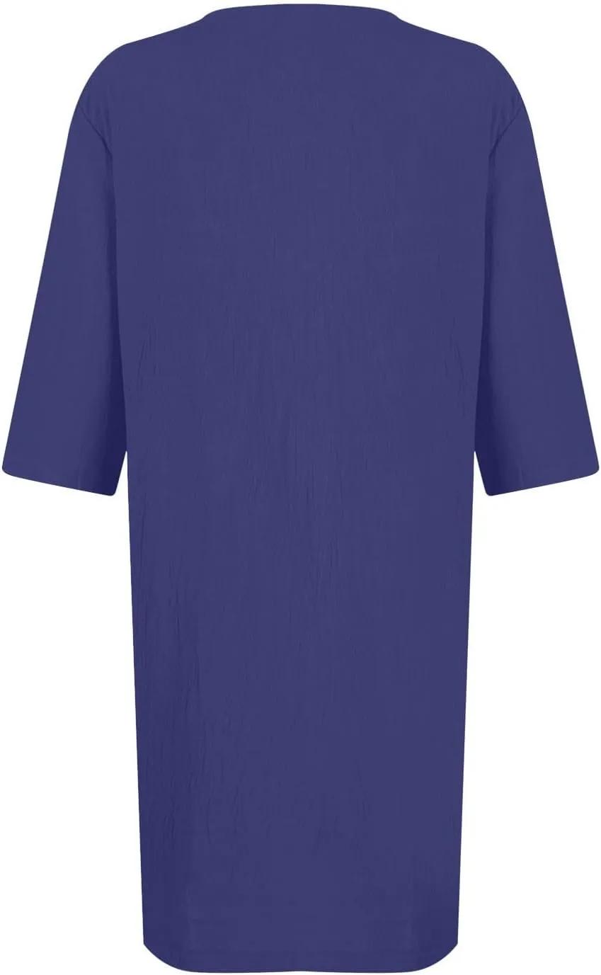 Linen Dress Women 2024,Summer Casual 3/4 Sleeve Tshirt Dress A Line Knee Length Midi Dress Beach Vacation Sun Dresses