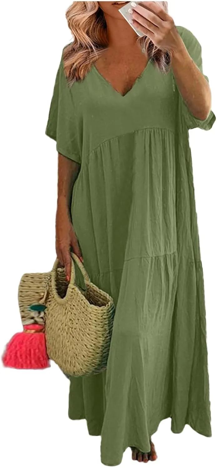 Linen Dresses for Women 2025 Casual Short Sleeve V Neck Pastel Flowy Maxi Dress Comfy Beach Plus Size Summer Dresses