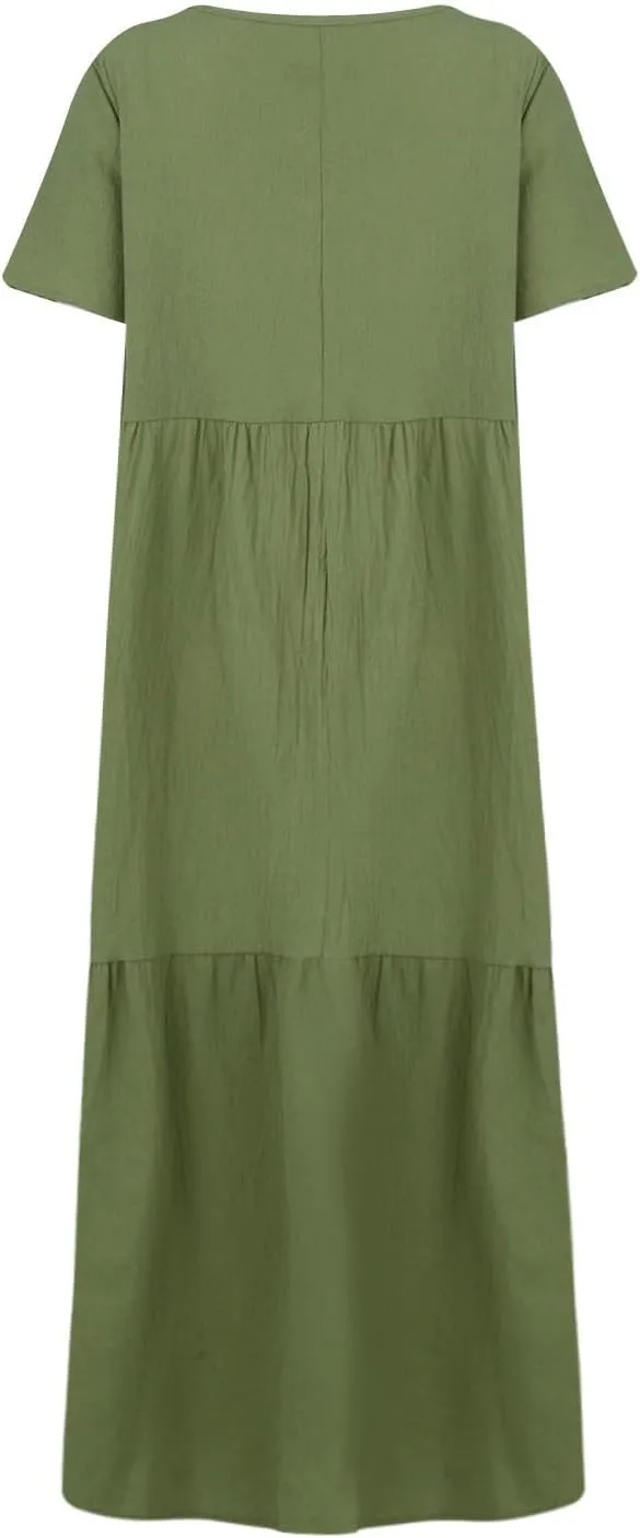 Linen Dresses for Women 2025 Casual Short Sleeve V Neck Pastel Flowy Maxi Dress Comfy Beach Plus Size Summer Dresses