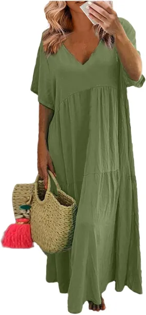 Linen Dresses for Women 2025 Casual Short Sleeve V Neck Pastel Flowy Maxi Dress Comfy Beach Plus Size Summer Dresses