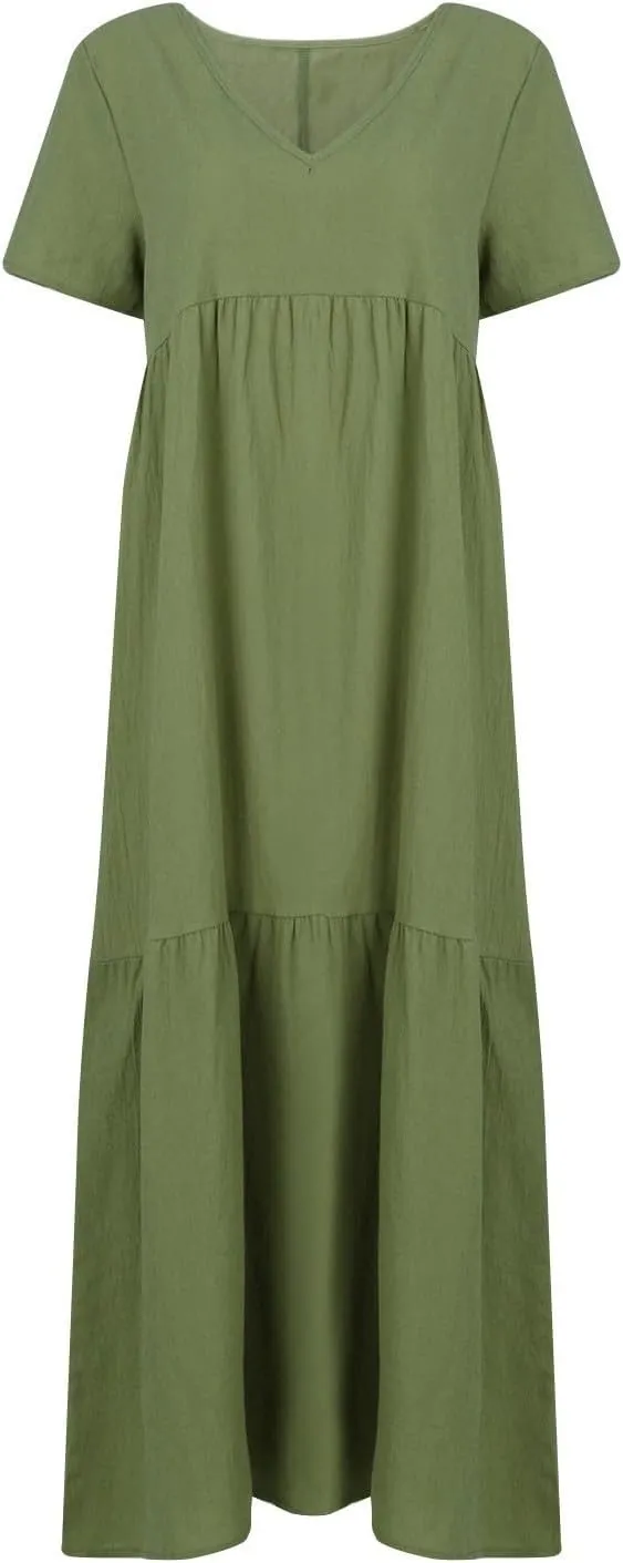 Linen Dresses for Women 2025 Casual Short Sleeve V Neck Pastel Flowy Maxi Dress Comfy Beach Plus Size Summer Dresses