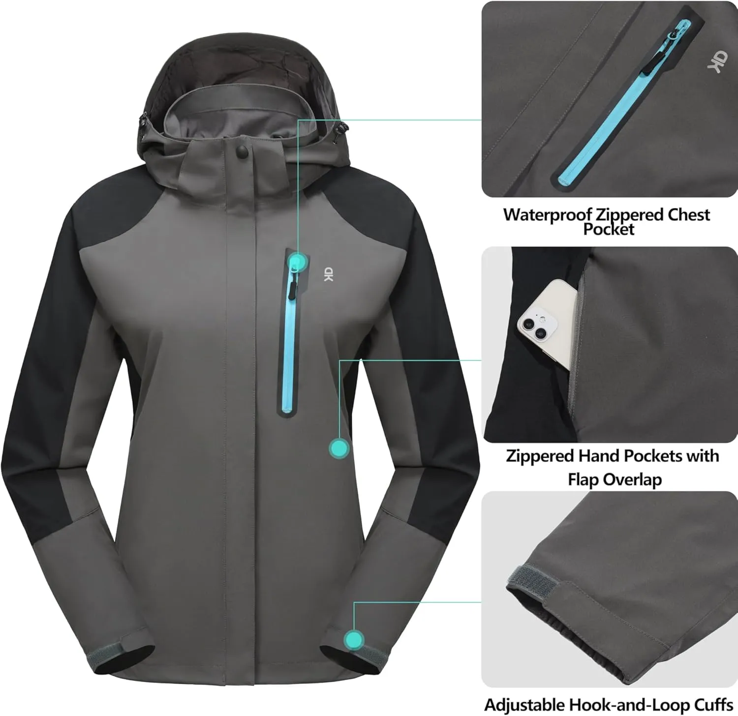 Little Donkey Andy Women's Waterproof Rain Jacket with Hood Breathable Lightweight Windbreaker Rain Shell Coat