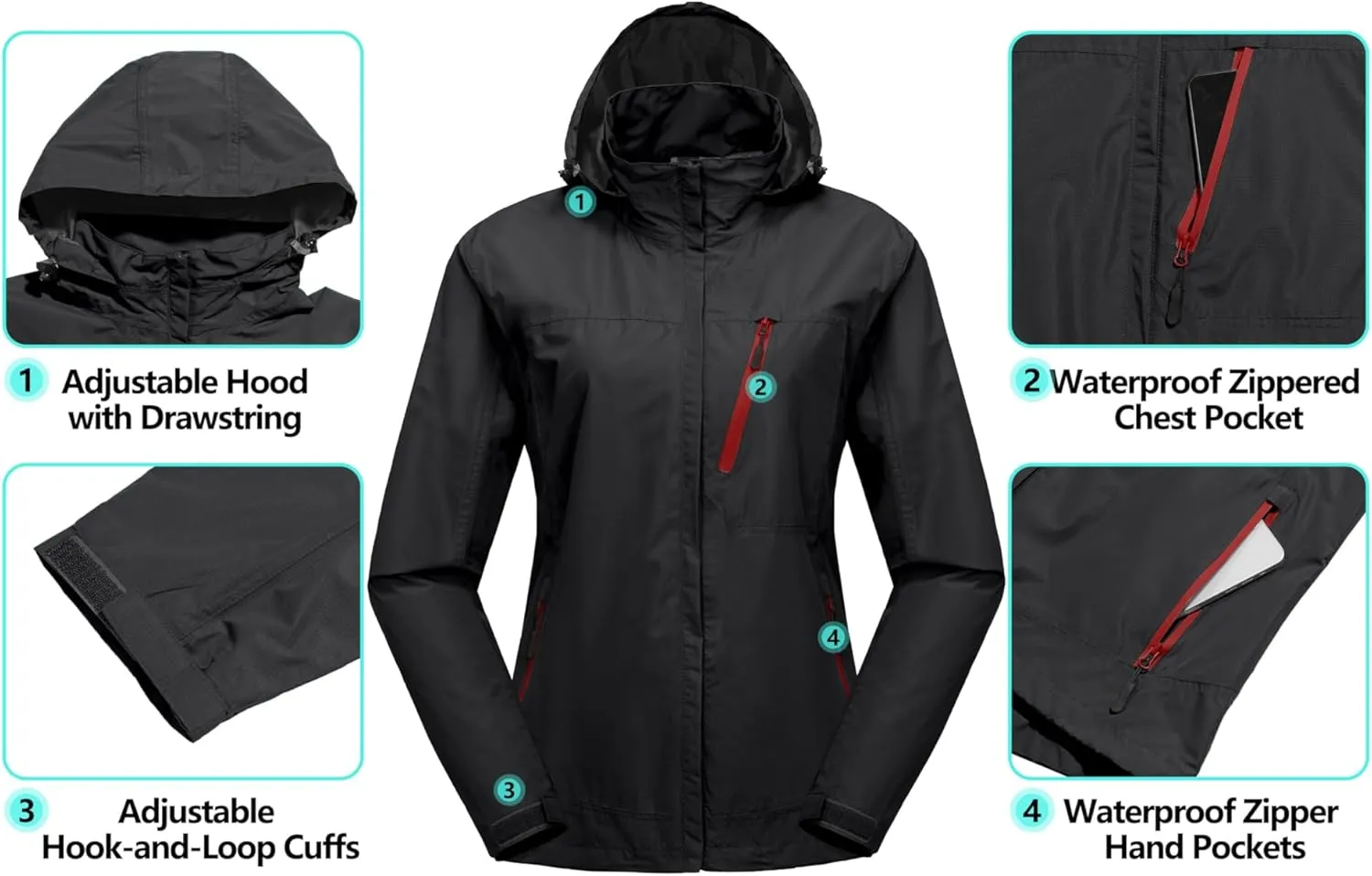 Little Donkey Andy Women's Waterproof Rain Jacket with Hood Breathable Lightweight Windbreaker Rain Shell Coat