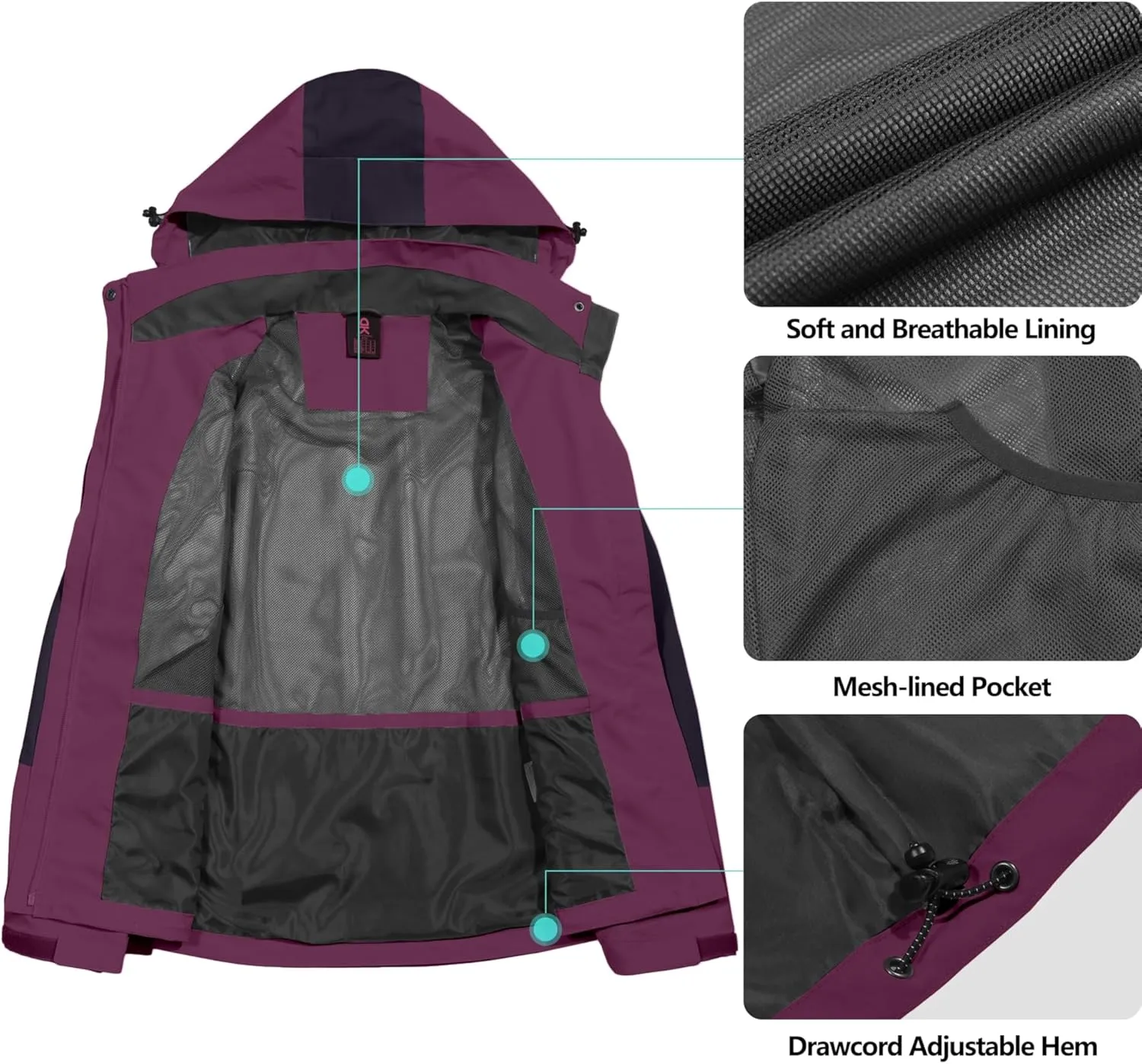 Little Donkey Andy Women's Waterproof Rain Jacket with Hood Breathable Lightweight Windbreaker Rain Shell Coat