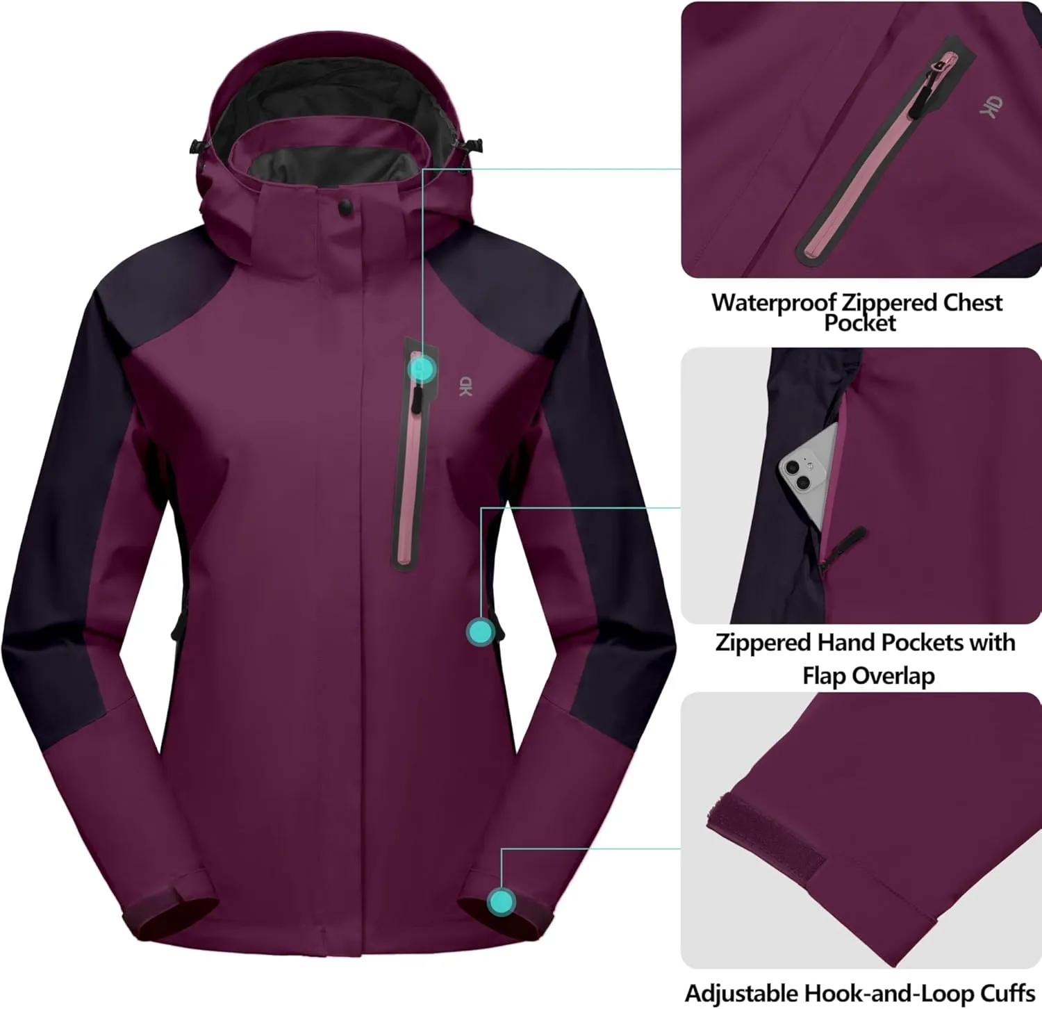 Little Donkey Andy Women's Waterproof Rain Jacket with Hood Breathable Lightweight Windbreaker Rain Shell Coat