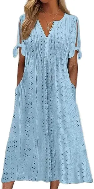 LOAIHA Womens Boho Eyelet Pastel Dress Button V Neck Tie Knot Dress Short Sleeve Flowy Beach Vacation Midi Dress with Pocket