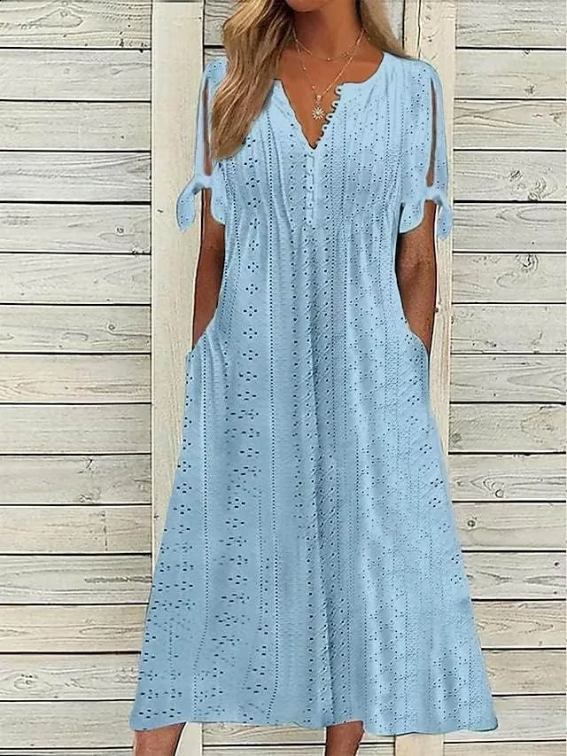 LOAIHA Womens Boho Eyelet Pastel Dress Button V Neck Tie Knot Dress Short Sleeve Flowy Beach Vacation Midi Dress with Pocket