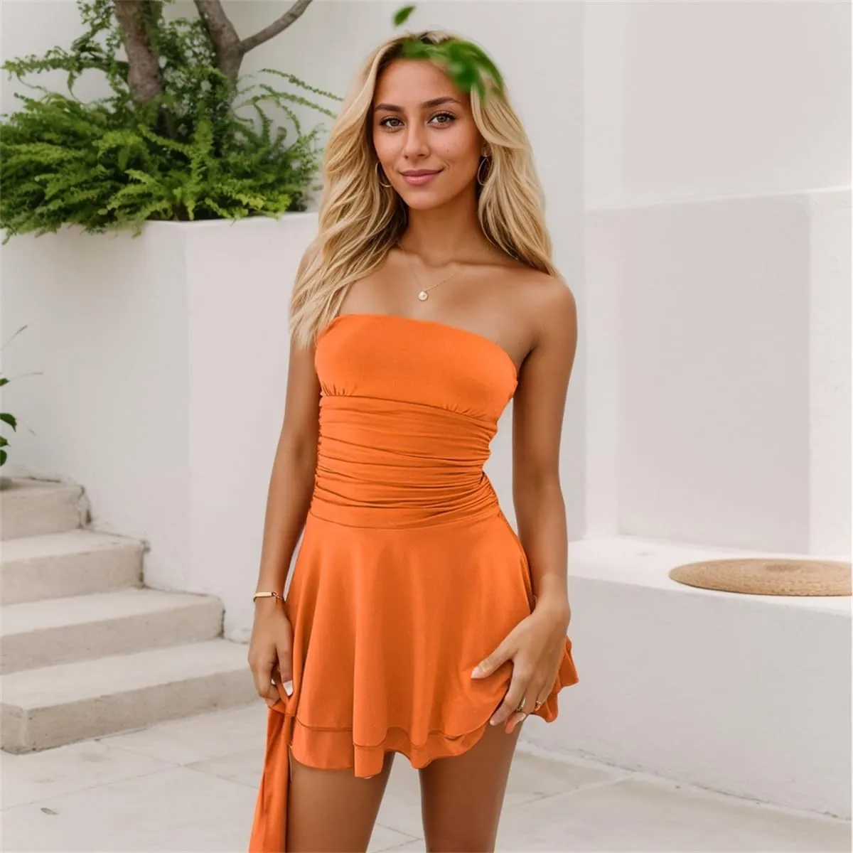 LOFAAC Women Sexy Strapless Ruched Tube Mini Dress Y2K Sleeveless Off Shoulder Flowy Ruffle Backless Bodycon Short Dress