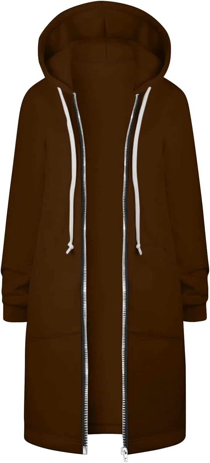 Long Hoodie Women Zip Up Tunic Sweatshirt Fall Hooded Jacket Coat Drawstring Open Front Cardigan with Pockets