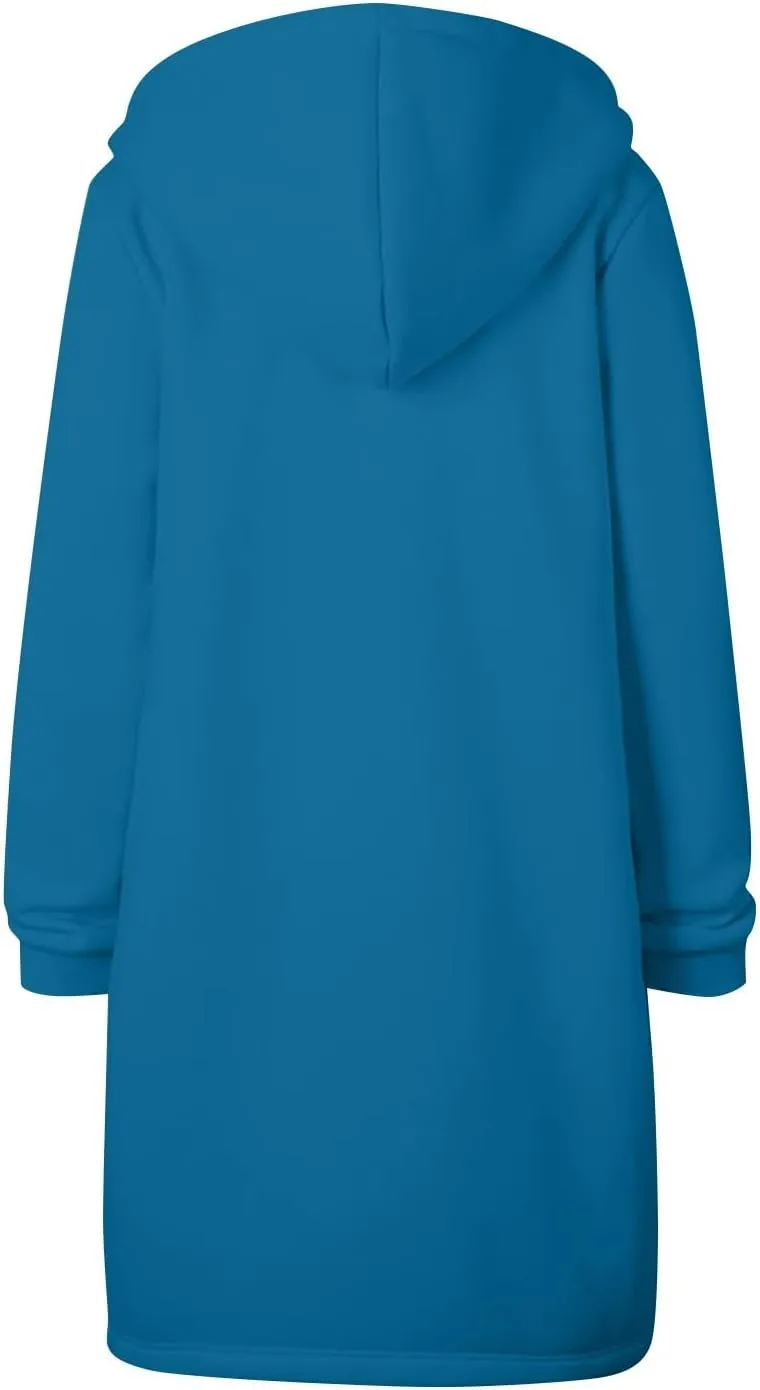 Long Hoodie Women Zip Up Tunic Sweatshirt Fall Hooded Jacket Coat Drawstring Open Front Cardigan with Pockets