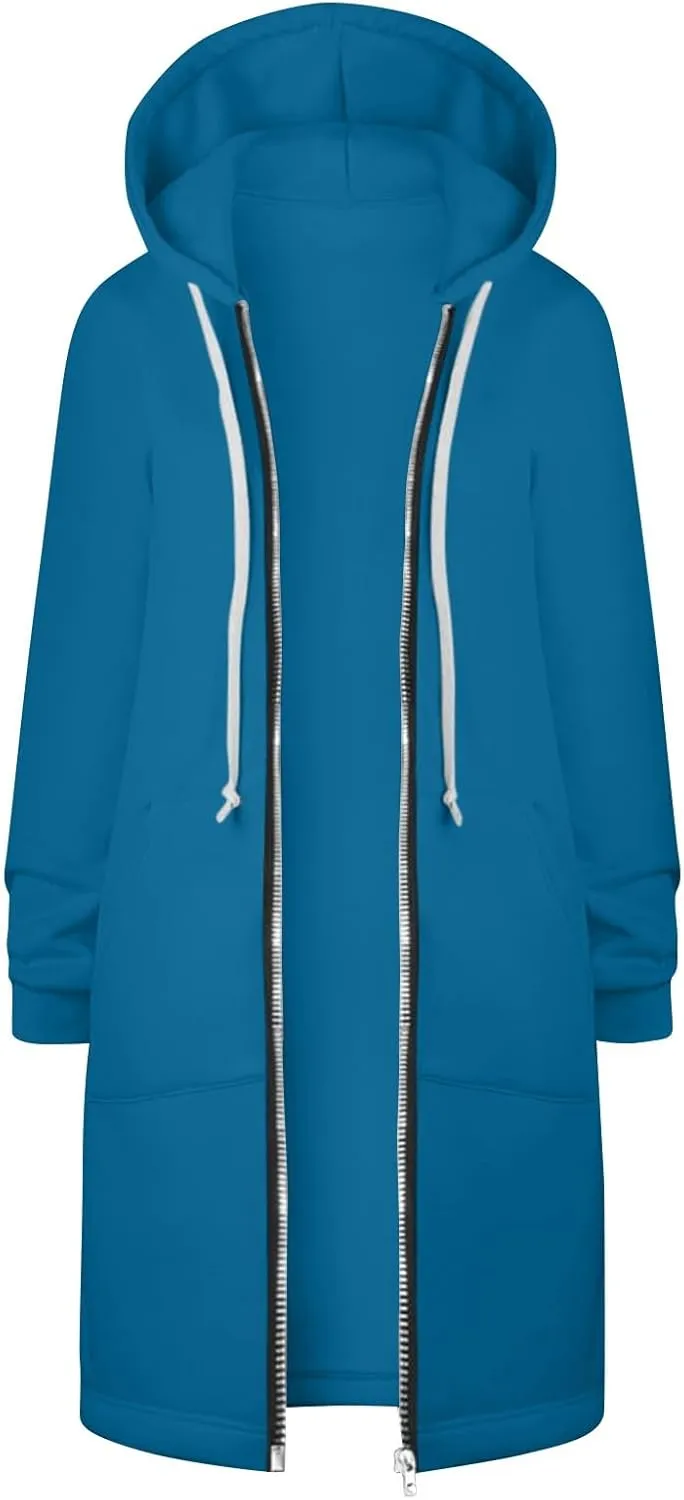 Long Hoodie Women Zip Up Tunic Sweatshirt Fall Hooded Jacket Coat Drawstring Open Front Cardigan with Pockets