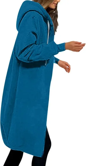 Long Hoodie Women Zip Up Tunic Sweatshirt Fall Hooded Jacket Coat Drawstring Open Front Cardigan with Pockets
