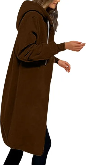 Long Hoodie Women Zip Up Tunic Sweatshirt Fall Hooded Jacket Coat Drawstring Open Front Cardigan with Pockets