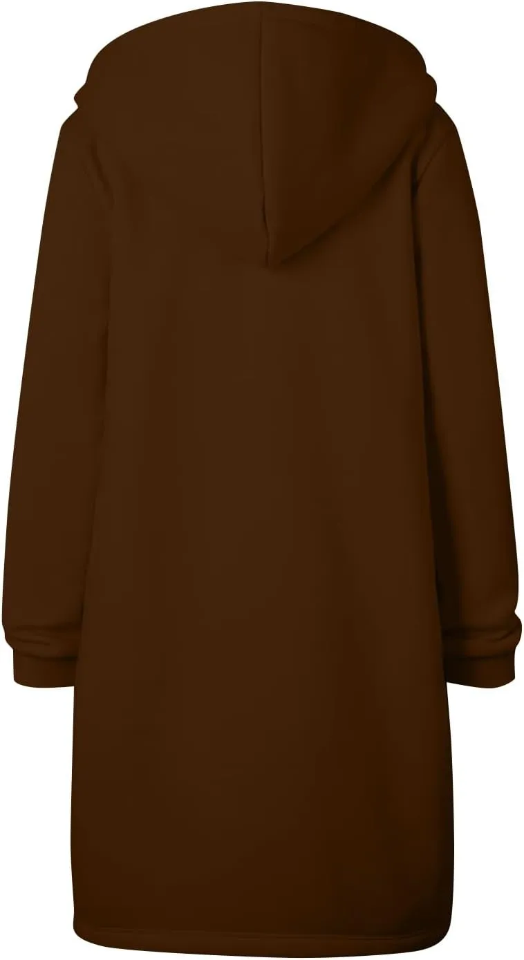 Long Hoodie Women Zip Up Tunic Sweatshirt Fall Hooded Jacket Coat Drawstring Open Front Cardigan with Pockets