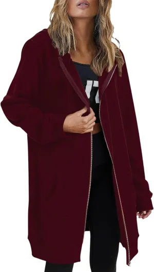 Long Hoodies for Women Zip Up Cotton Plus Size Oversized Hoodie Teen Girls Fleece Fall Sweat Jacket