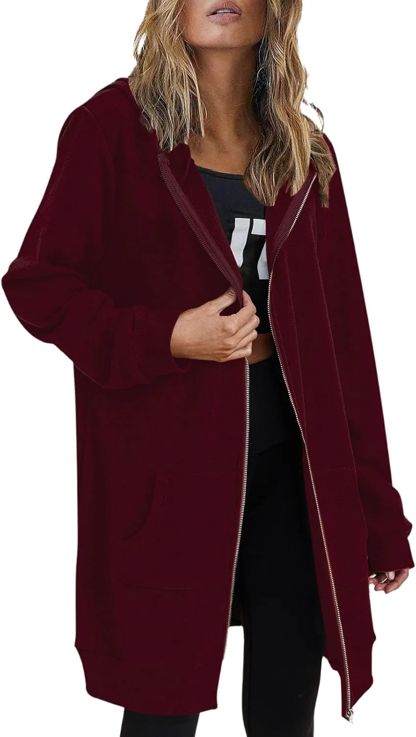 Long Hoodies for Women Zip Up Cotton Plus Size Oversized Hoodie Teen Girls Fleece Fall Sweat Jacket