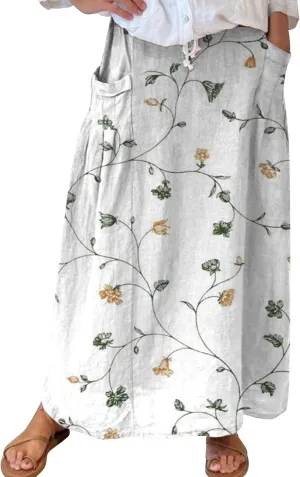 Long Skirts for Women Summer Trendy Elastic Waist Linen Skirts Casual Loose Flowy Vacation Beach Skirts with Pockets