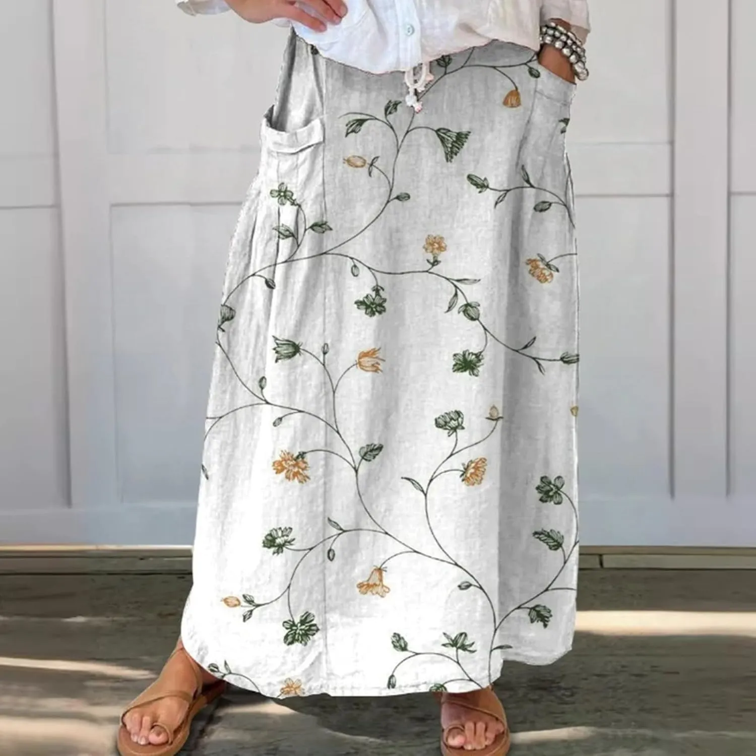 Long Skirts for Women Summer Trendy Elastic Waist Linen Skirts Casual Loose Flowy Vacation Beach Skirts with Pockets