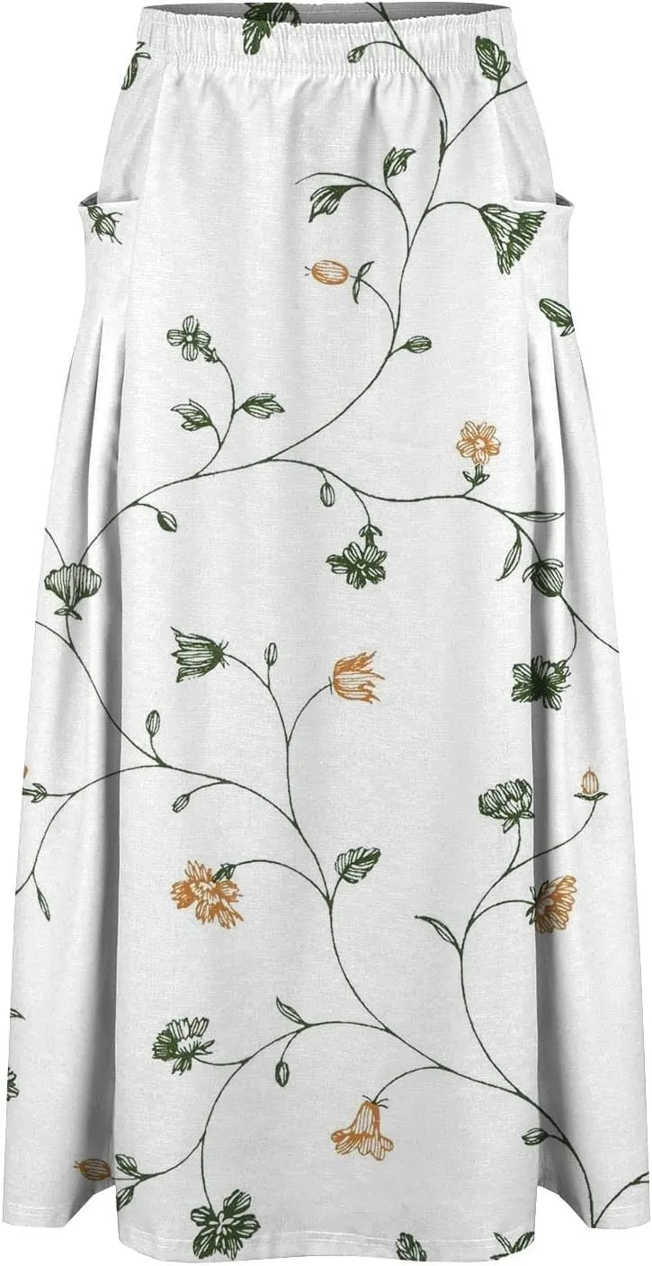 Long Skirts for Women Summer Trendy Elastic Waist Linen Skirts Casual Loose Flowy Vacation Beach Skirts with Pockets